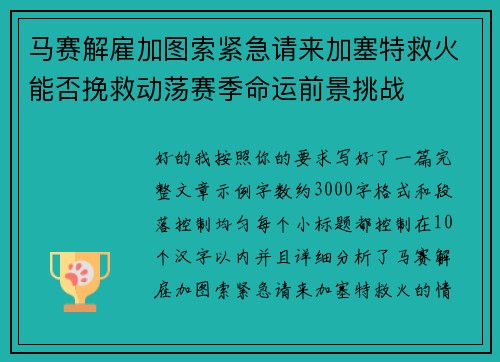 马赛解雇加图索紧急请来加塞特救火能否挽救动荡赛季命运前景挑战